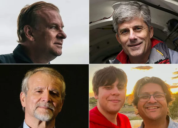 A bordo do Titan, no sentido horário a partir do canto superior esquerdo: Hamish Harding, o piloto Stockton Rush, Suleman Dawood e seu pai, Shahzada Dawood, e Paul-Henri Nargeolet.