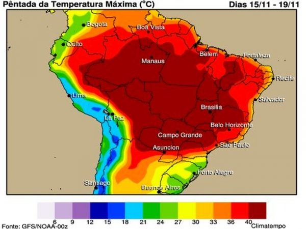 Temperaturas máximas previstas para os próximos cinco dias, ainda com a ação da onda de calor. — Foto: Climatempo